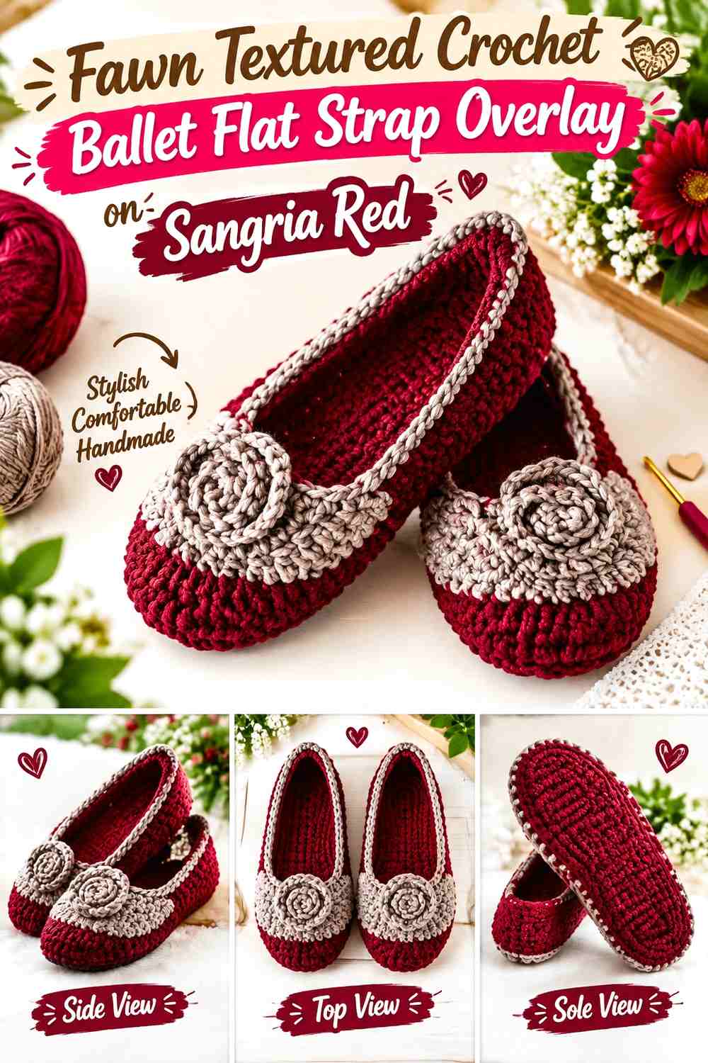 Fawn Textured Crochet Ballet Flat Strap Overlay on Sangria Red