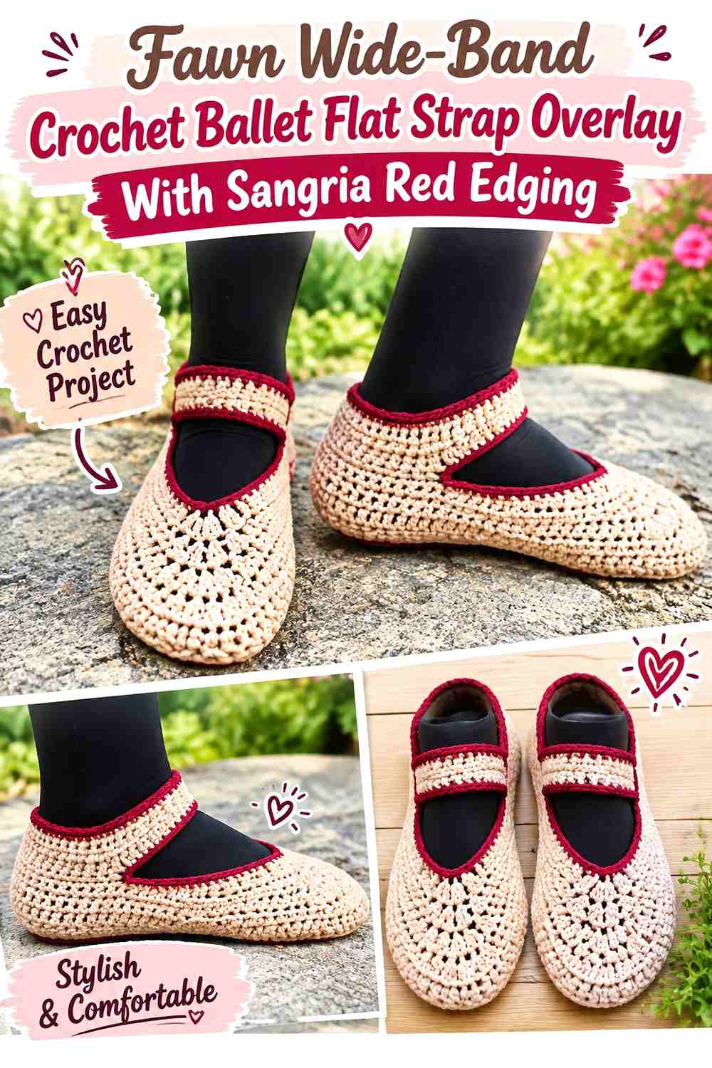 Fawn Wide-Band Crochet Ballet Flat Strap Overlay With Sangria Red Edging