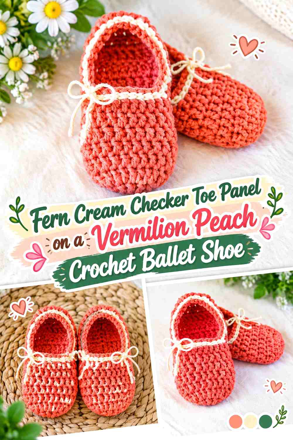 Fern Cream Checker Toe Panel on a Vermilion Peach Crochet Ballet Shoe