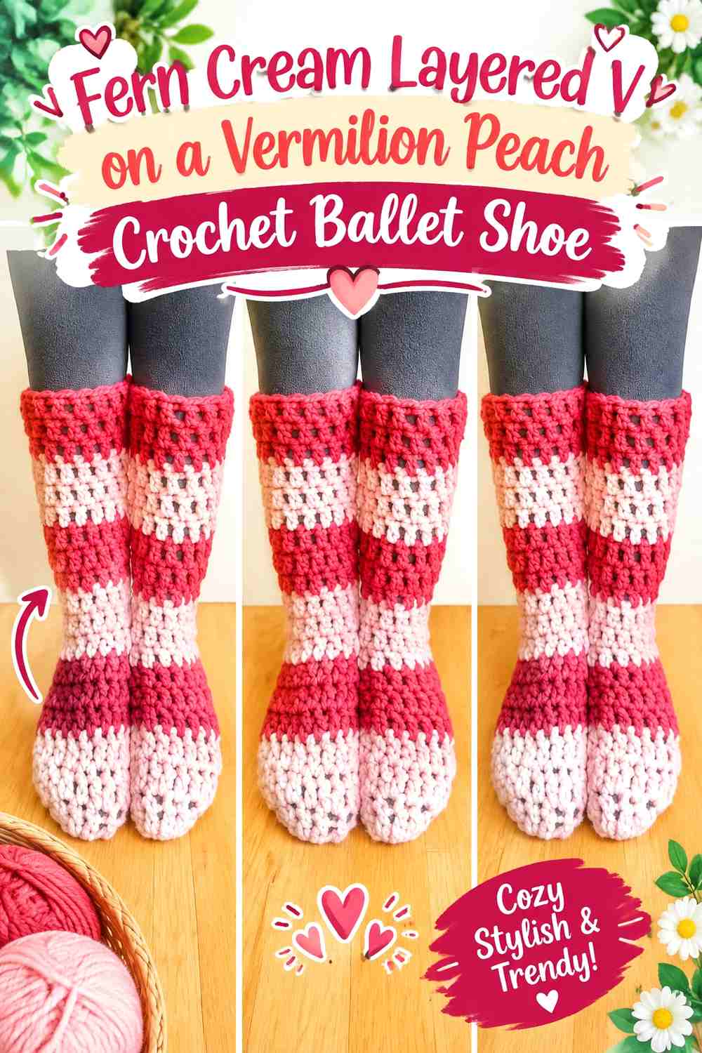 Fern Cream Layered V on a Vermilion Peach Crochet Ballet Shoe