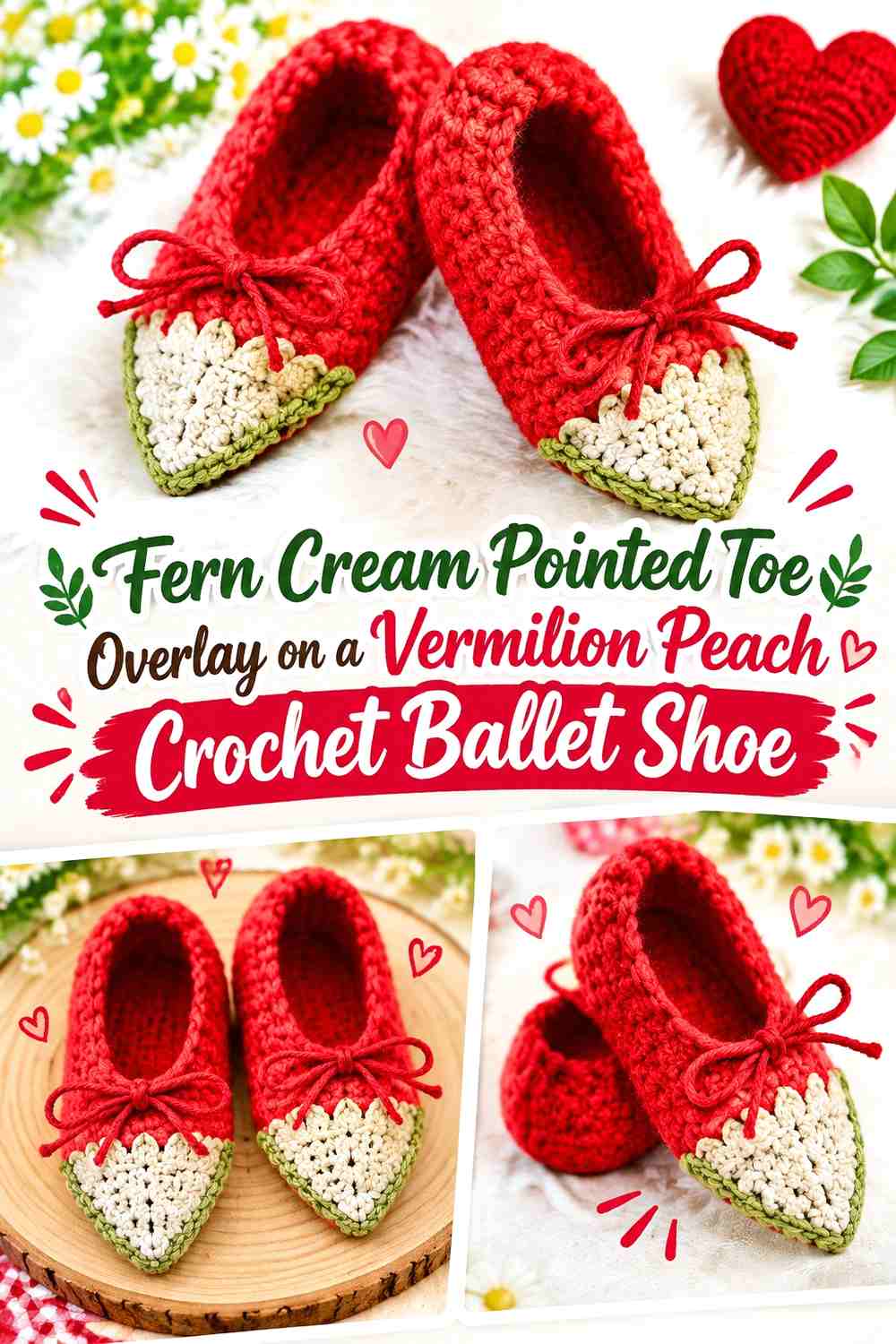 Fern Cream Pointed Toe Overlay on a Vermilion Peach Crochet Ballet Shoe