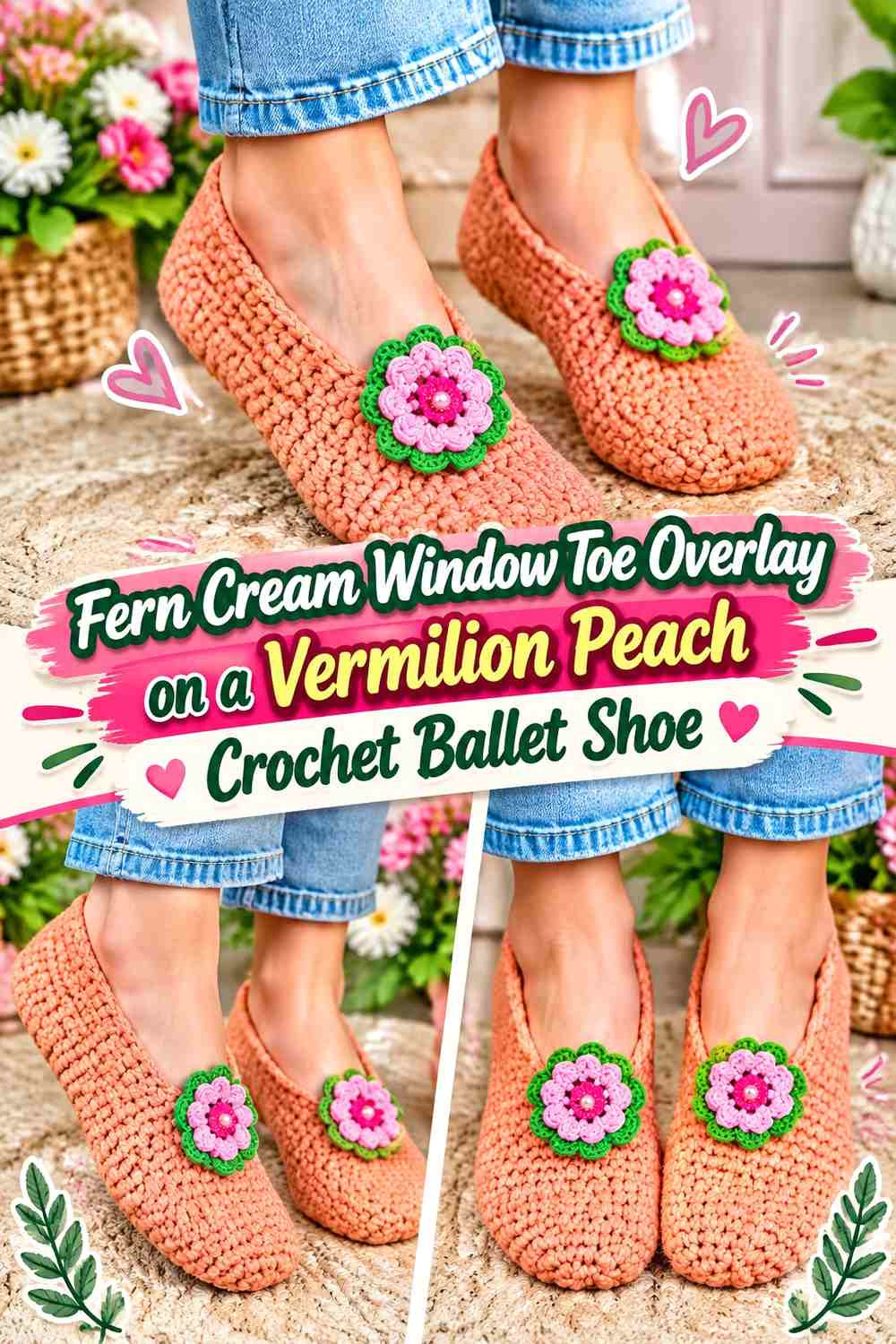 Fern Cream Window Toe Overlay on a Vermilion Peach Crochet Ballet Shoe