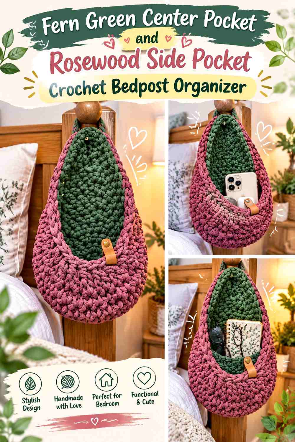 16. Fern Green Center Pocket And Rosewood Side Pocket Crochet Bedpost Organizer