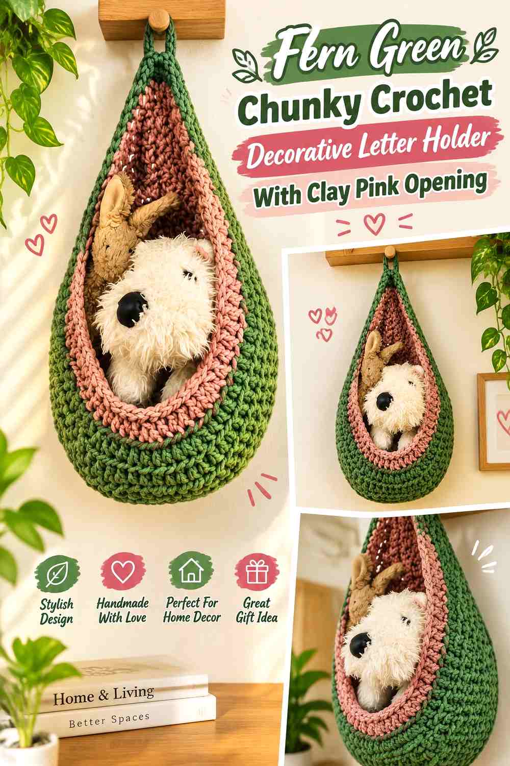 9. Fern Green Chunky Crochet Decorative Letter Holder With Clay Pink Opening