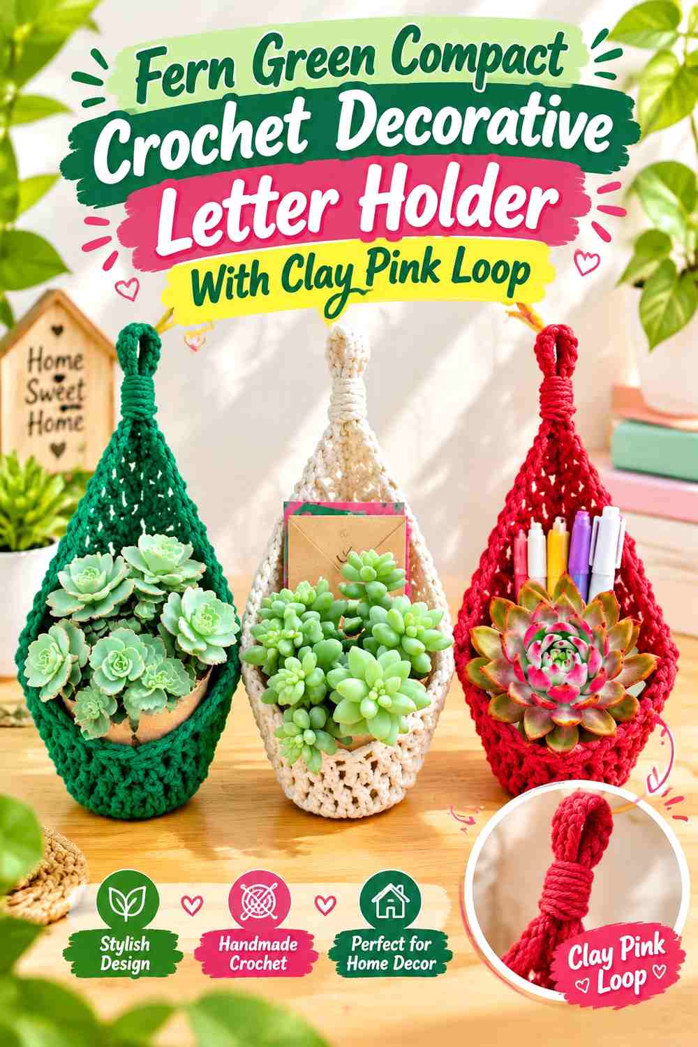 13. Fern Green Compact Crochet Decorative Letter Holder With Clay Pink Loop