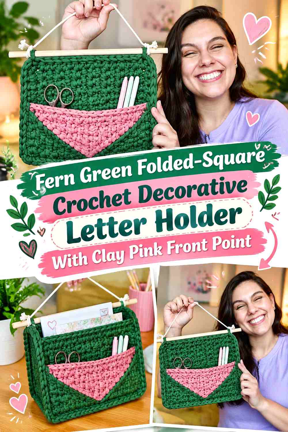 15. Fern Green Folded Square Crochet Decorative Letter Holder With Clay Pink Front Point