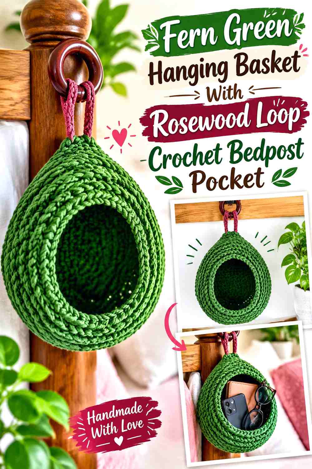 10. Fern Green Hanging Basket With Rosewood Loop Crochet Bedpost Pocket