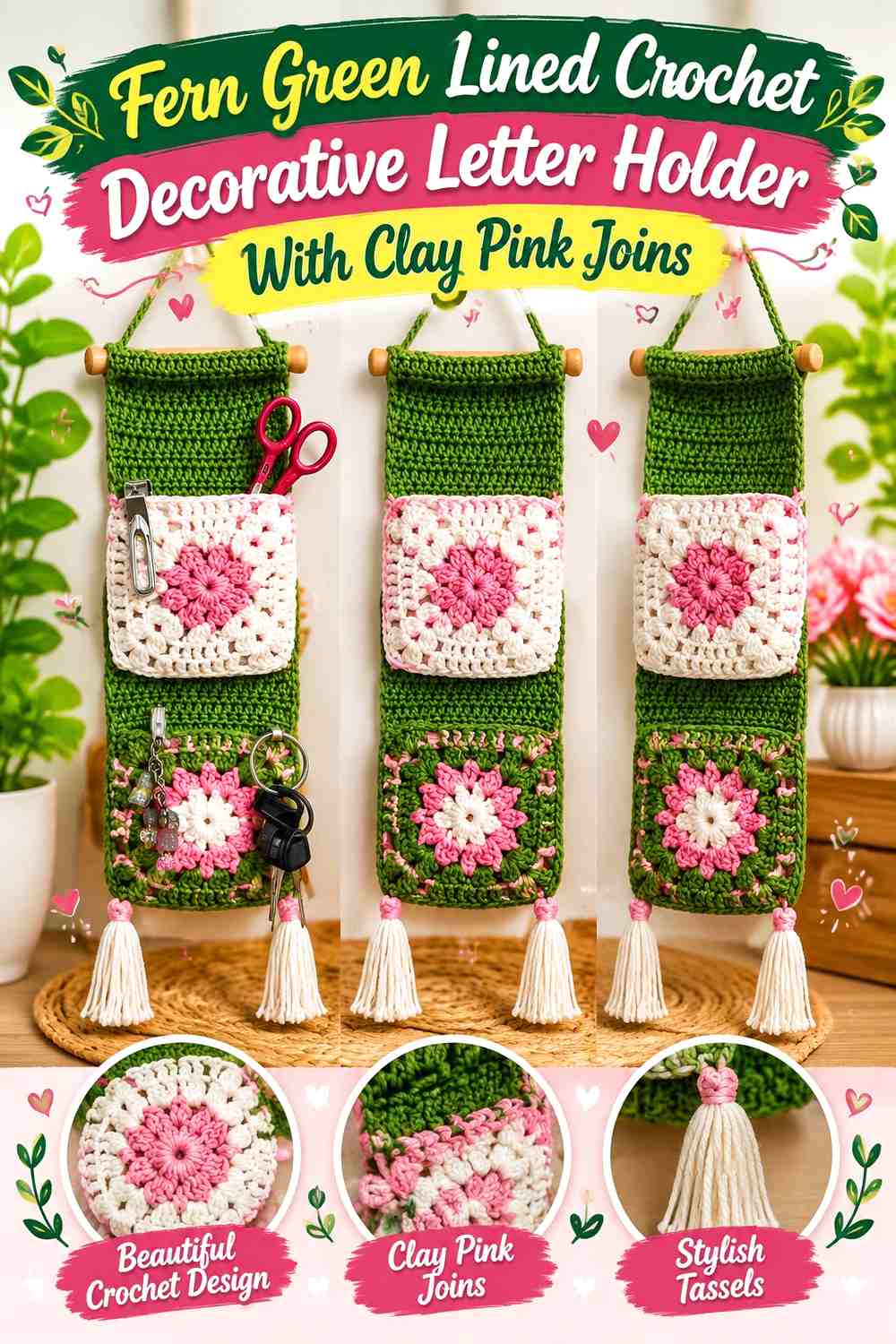 3. Fern Green Lined Crochet Decorative Letter Holder With Clay Pink Joins