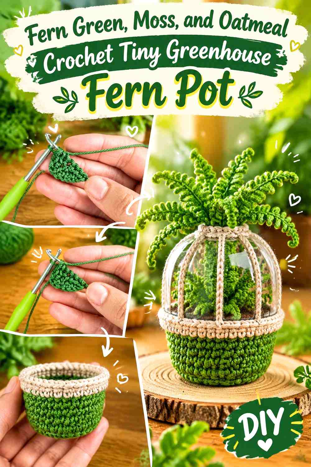 Fern Green, Moss, and Oatmeal Crochet Tiny Greenhouse Fern Pot