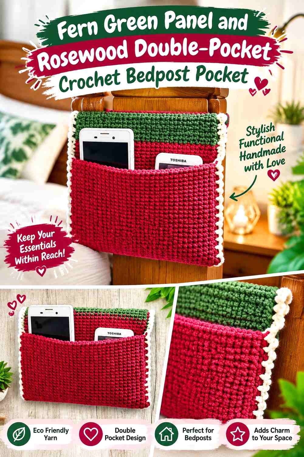 1. Fern Green Panel And Rosewood Double Pocket Crochet Bedpost Pocket