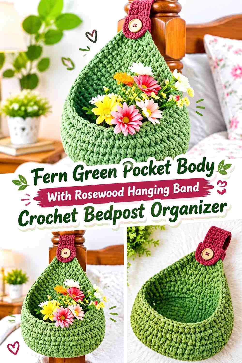18. Fern Green Pocket Body With Rosewood Hanging Band Crochet Bedpost Organizer