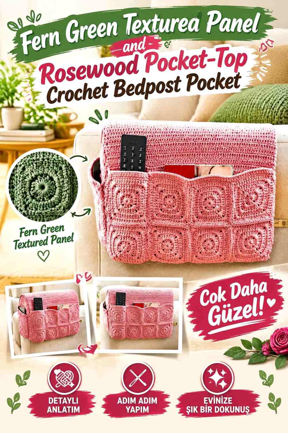 6. Fern Green Textured Panel And Rosewood Pocket Top Crochet Bedpost Pocket