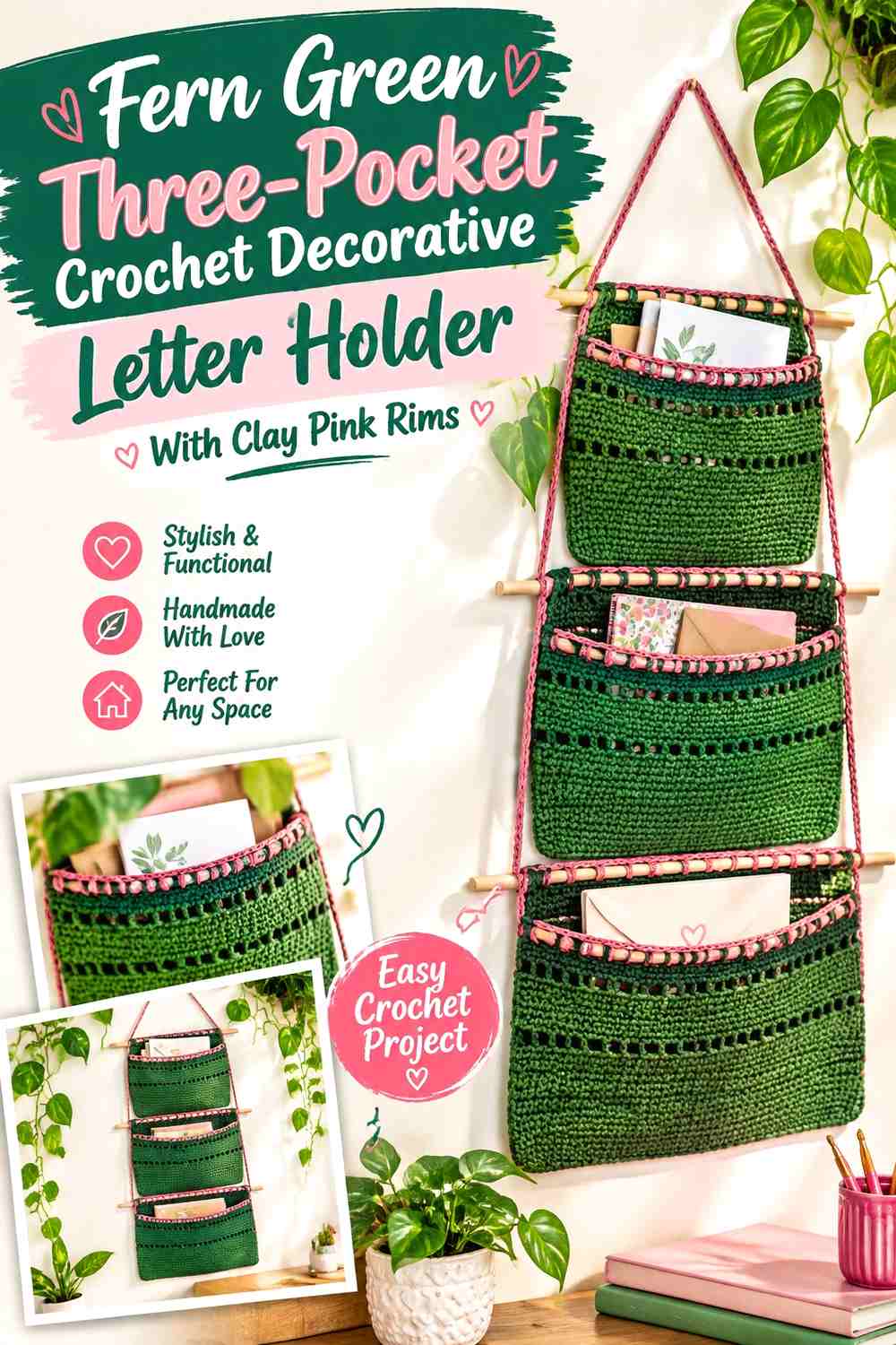 1. Fern Green Three Pocket Crochet Decorative Letter Holder With Clay Pink Rims