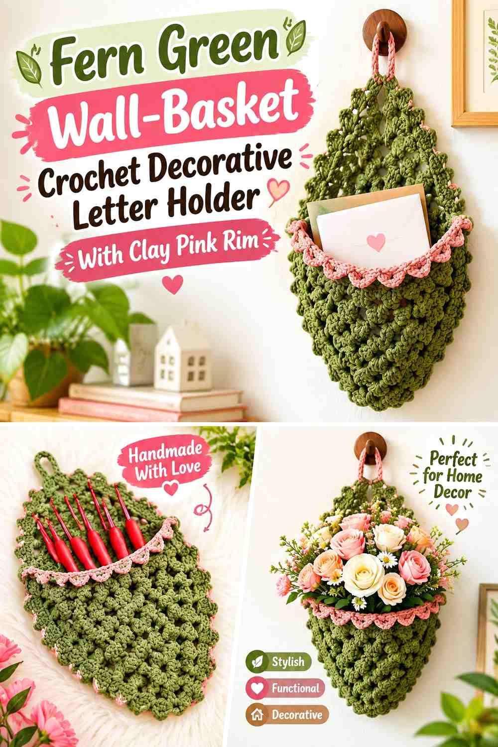 7. Fern Green Wall Basket Crochet Decorative Letter Holder With Clay Pink Rim