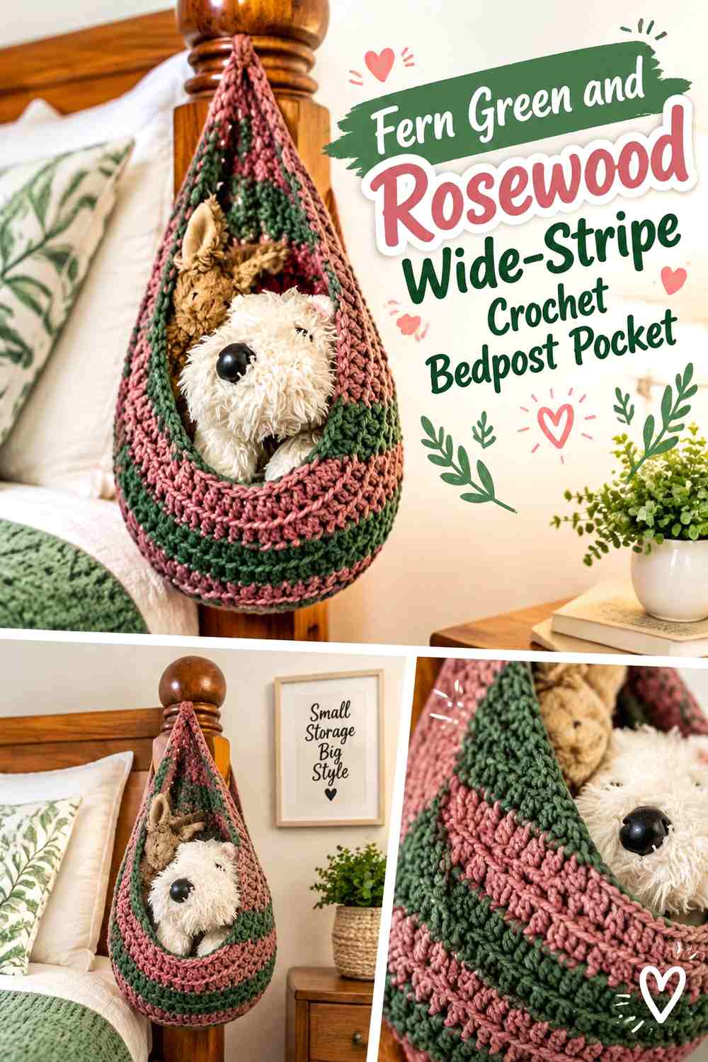 15. Fern Green And Rosewood Wide Stripe Crochet Bedpost Pocket