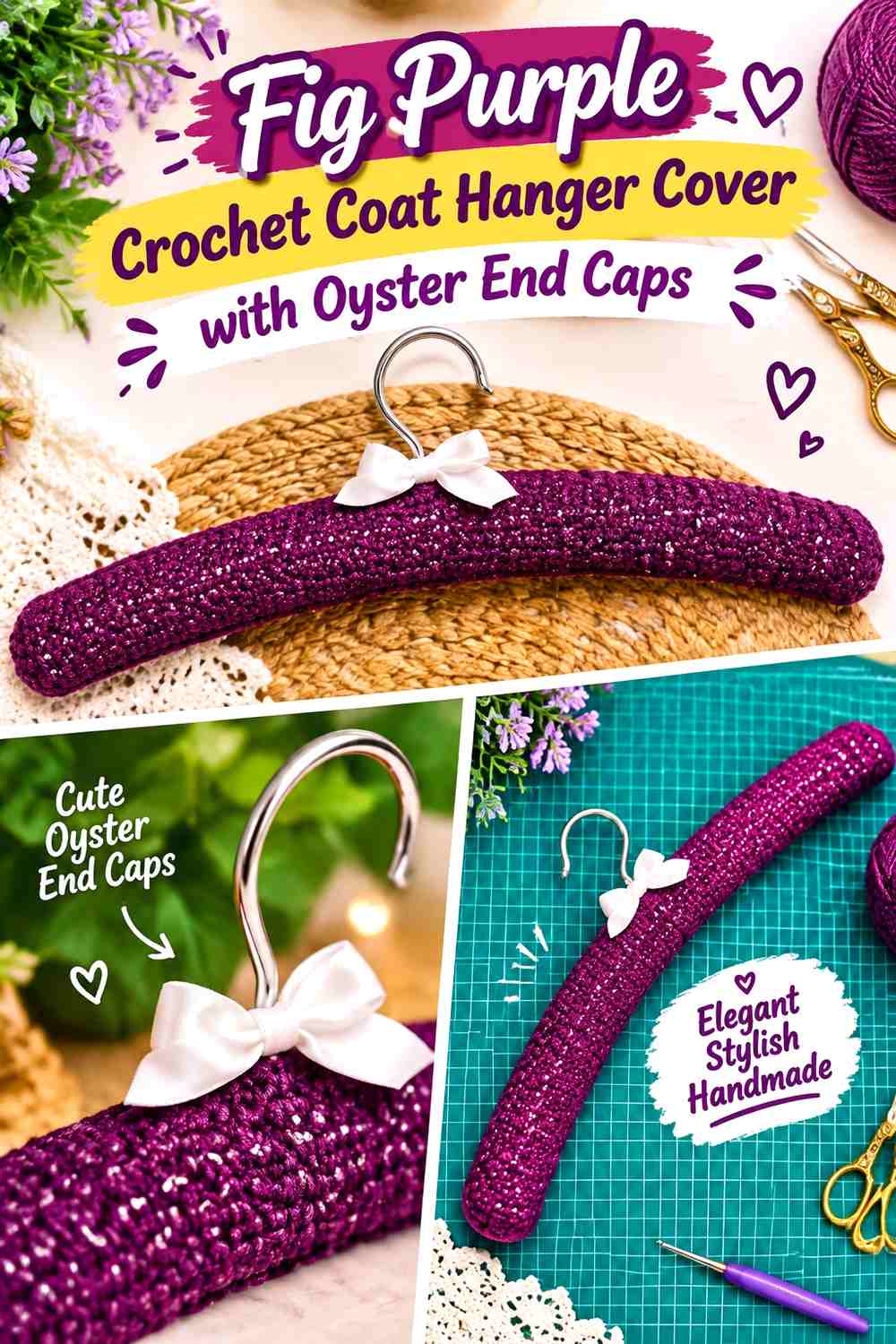 Fig Purple Crochet Coat Hanger Cover with Oyster End Caps