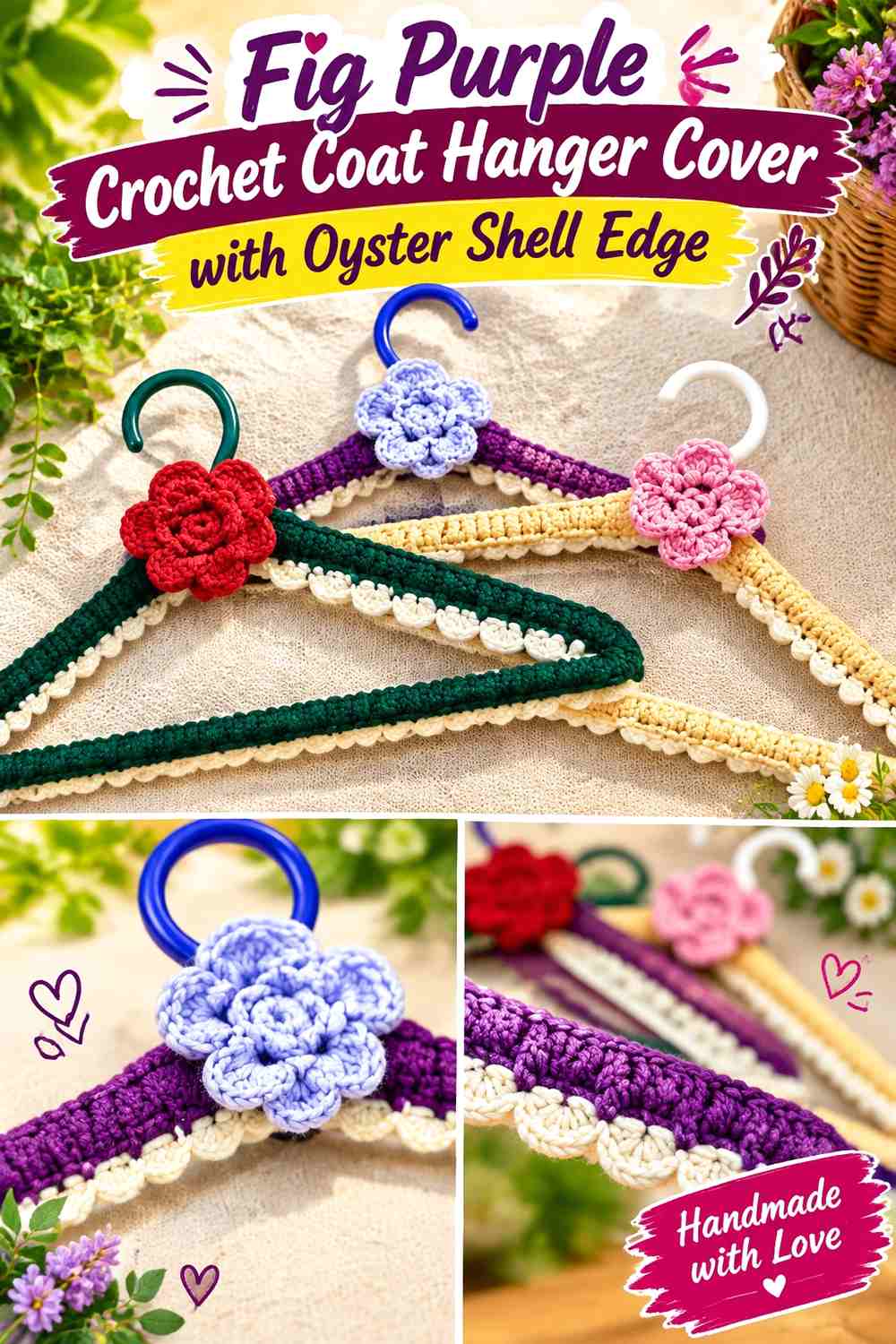 Fig Purple Crochet Coat Hanger Cover with Oyster Shell Edge