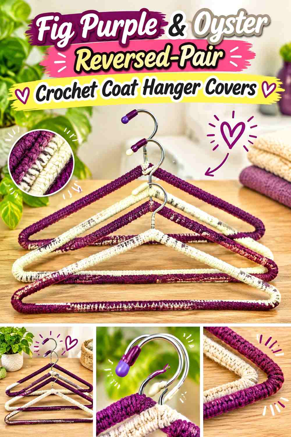 Fig Purple & Oyster Reversed Pair Crochet Coat Hanger Covers