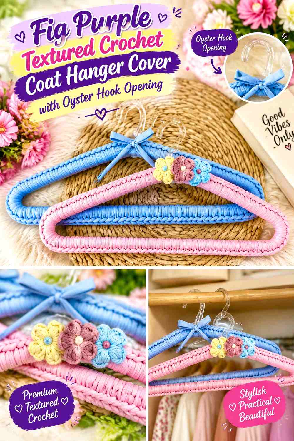 Fig Purple Textured Crochet Coat Hanger Cover with Oyster Hook Opening
