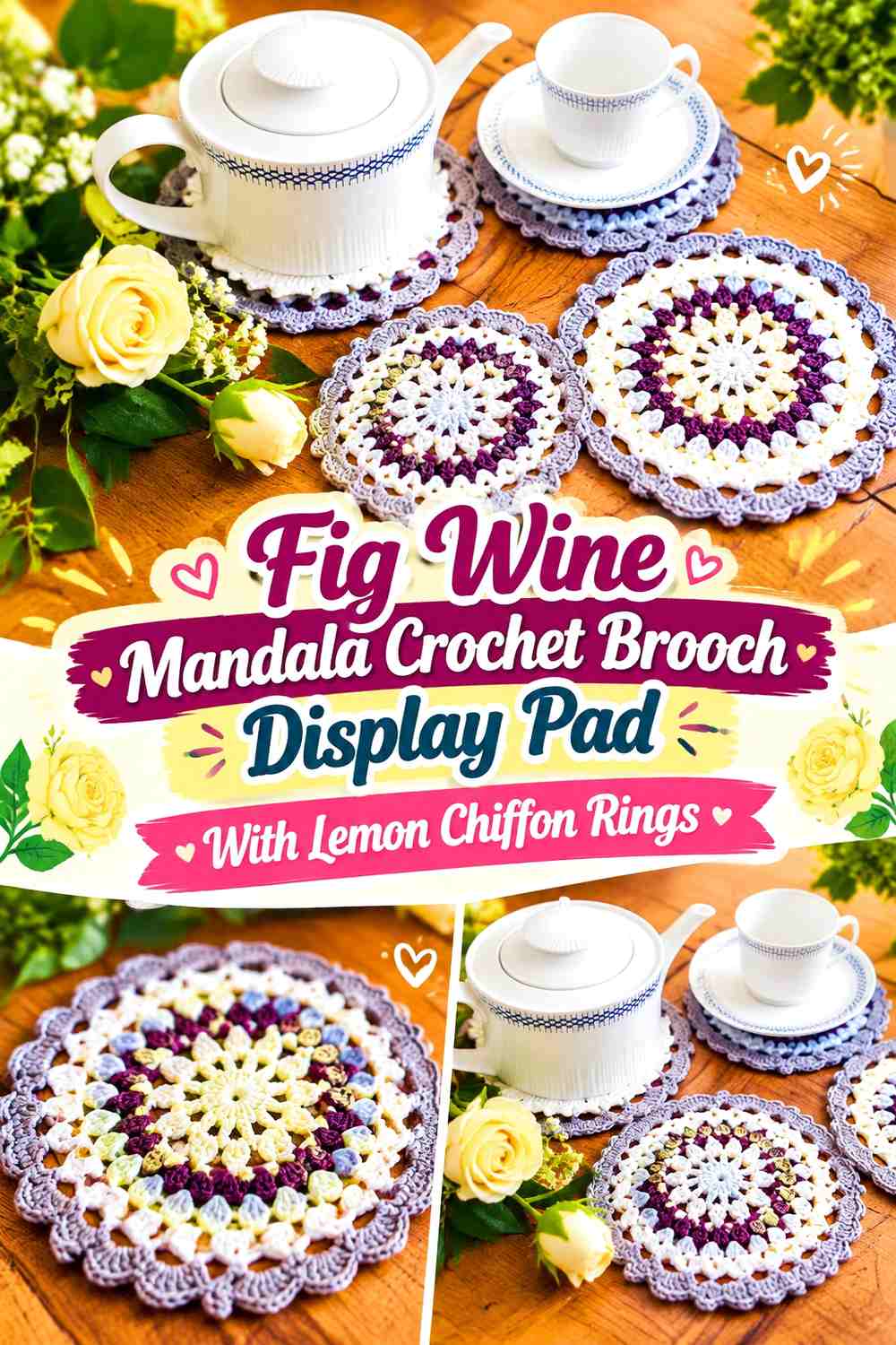 Fig Wine Mandala Crochet Brooch Display Pad With Lemon Chiffon Rings