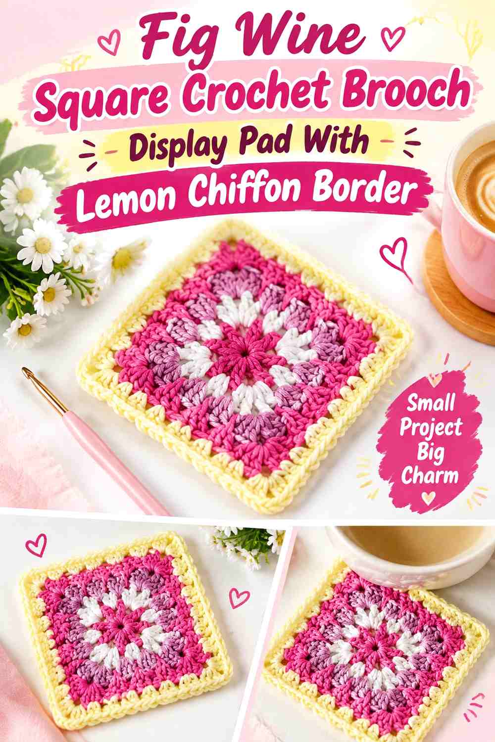 Fig Wine Square Crochet Brooch Display Pad With Lemon Chiffon Border