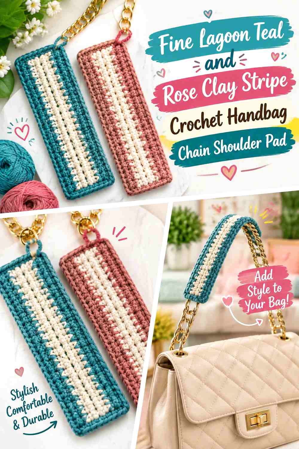 Fine Lagoon Teal and Rose Clay Stripe Crochet Handbag Chain Shoulder Pad
