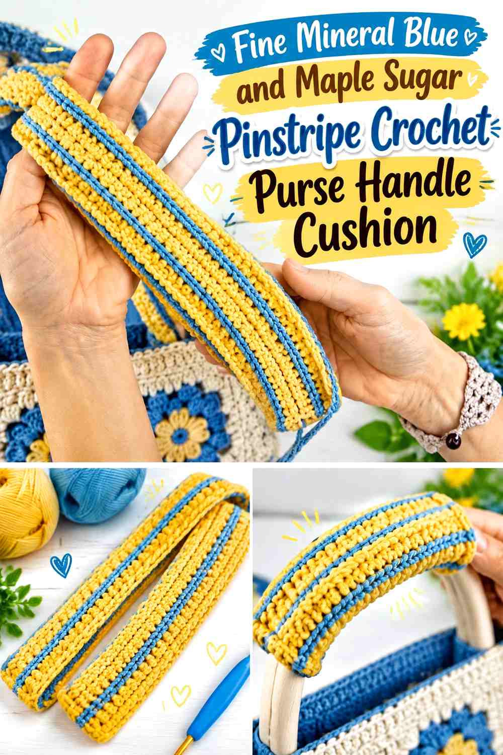 Fine Mineral Blue and Maple Sugar Pinstripe Crochet Purse Handle Cushion