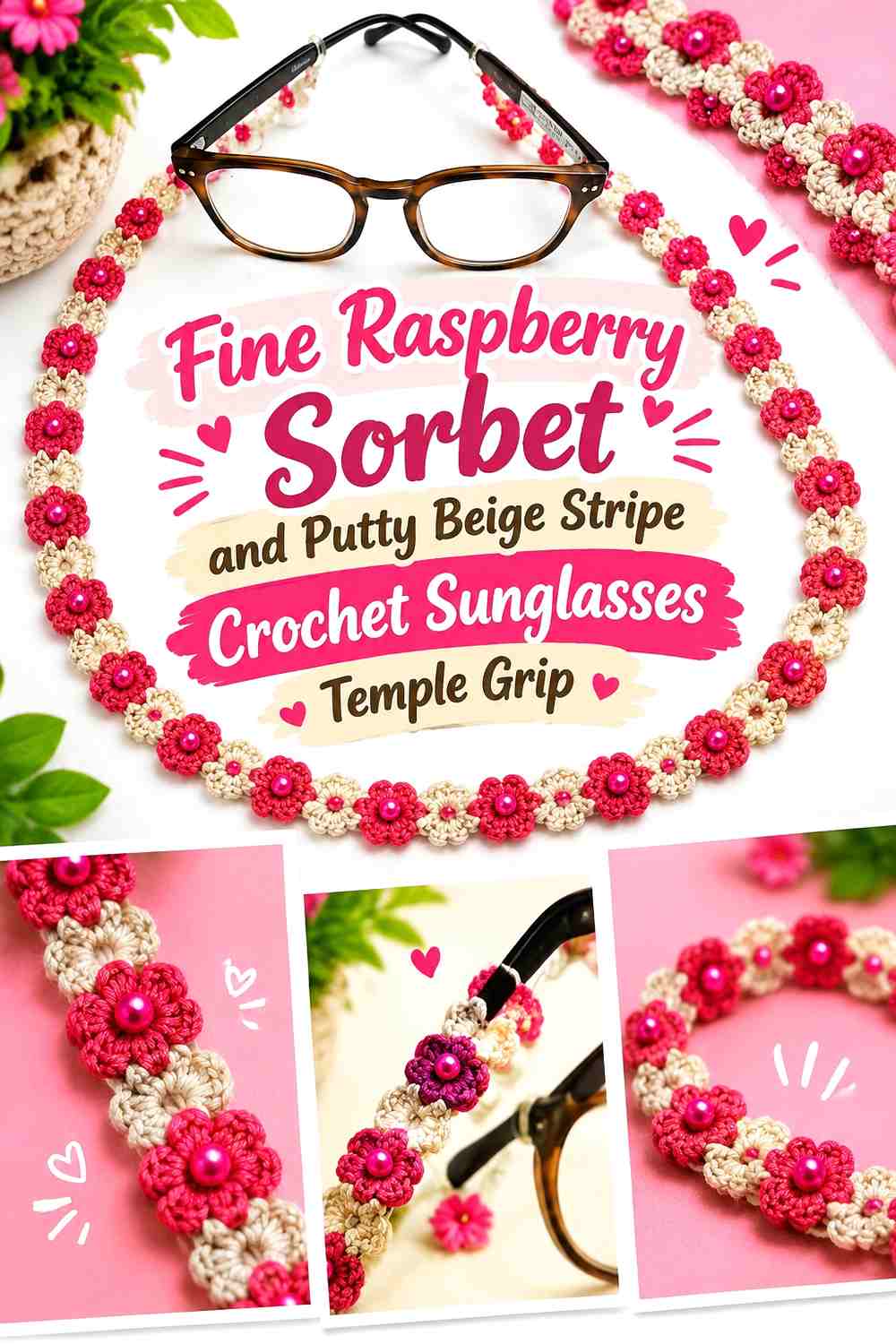 Fine Raspberry Sorbet and Putty Beige Stripe Crochet Sunglasses Temple Grip