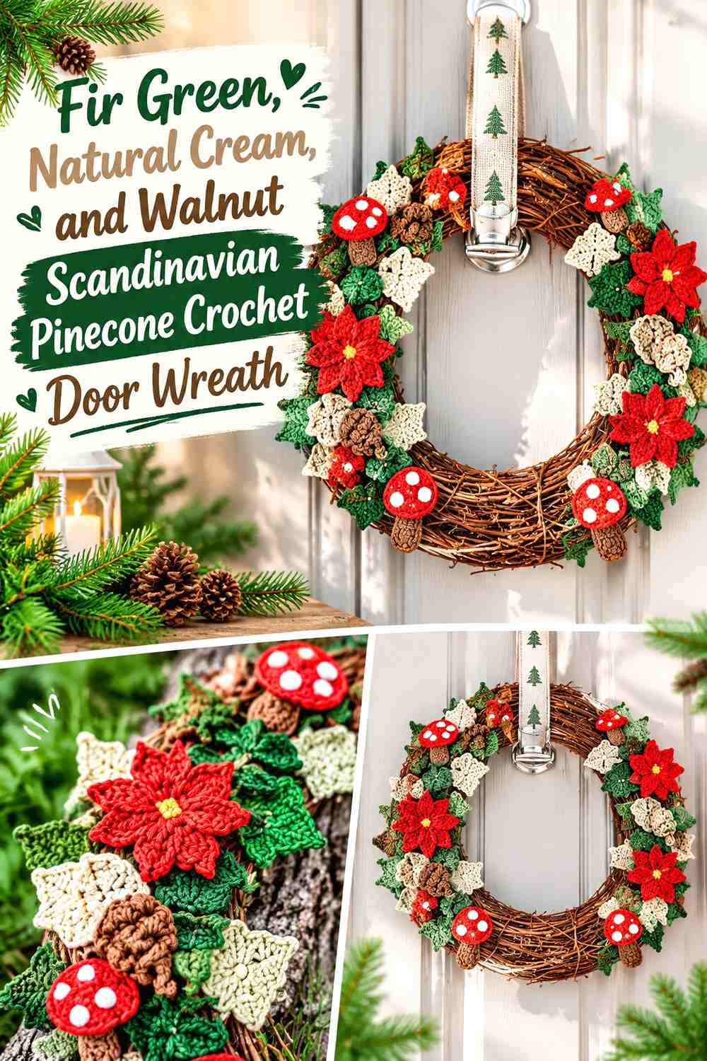 Fir Green, Natural Cream, and Walnut Scandinavian Pinecone Crochet Door Wreath