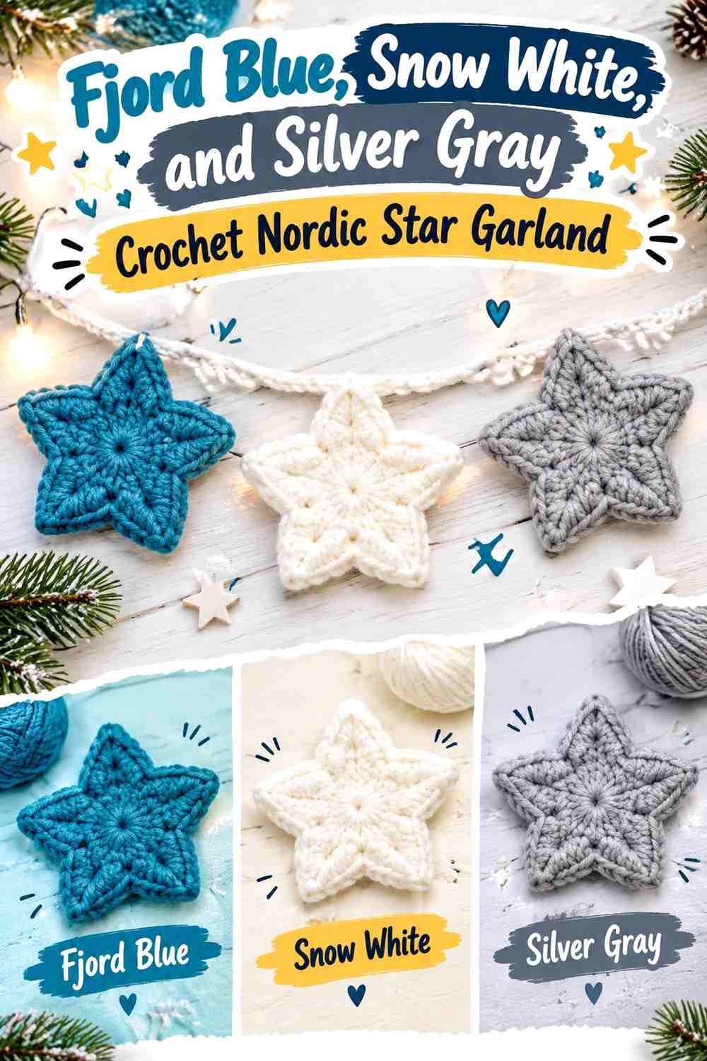 Fjord Blue, Snow White, and Silver Gray Crochet Nordic Star Garland