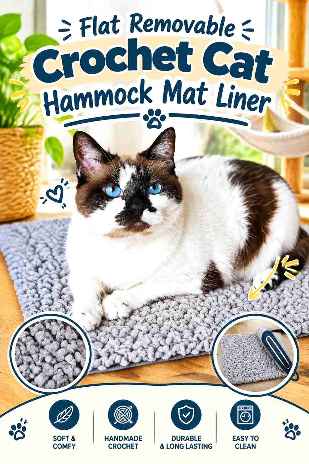 Flat Removable Crochet Cat Hammock Mat Liner