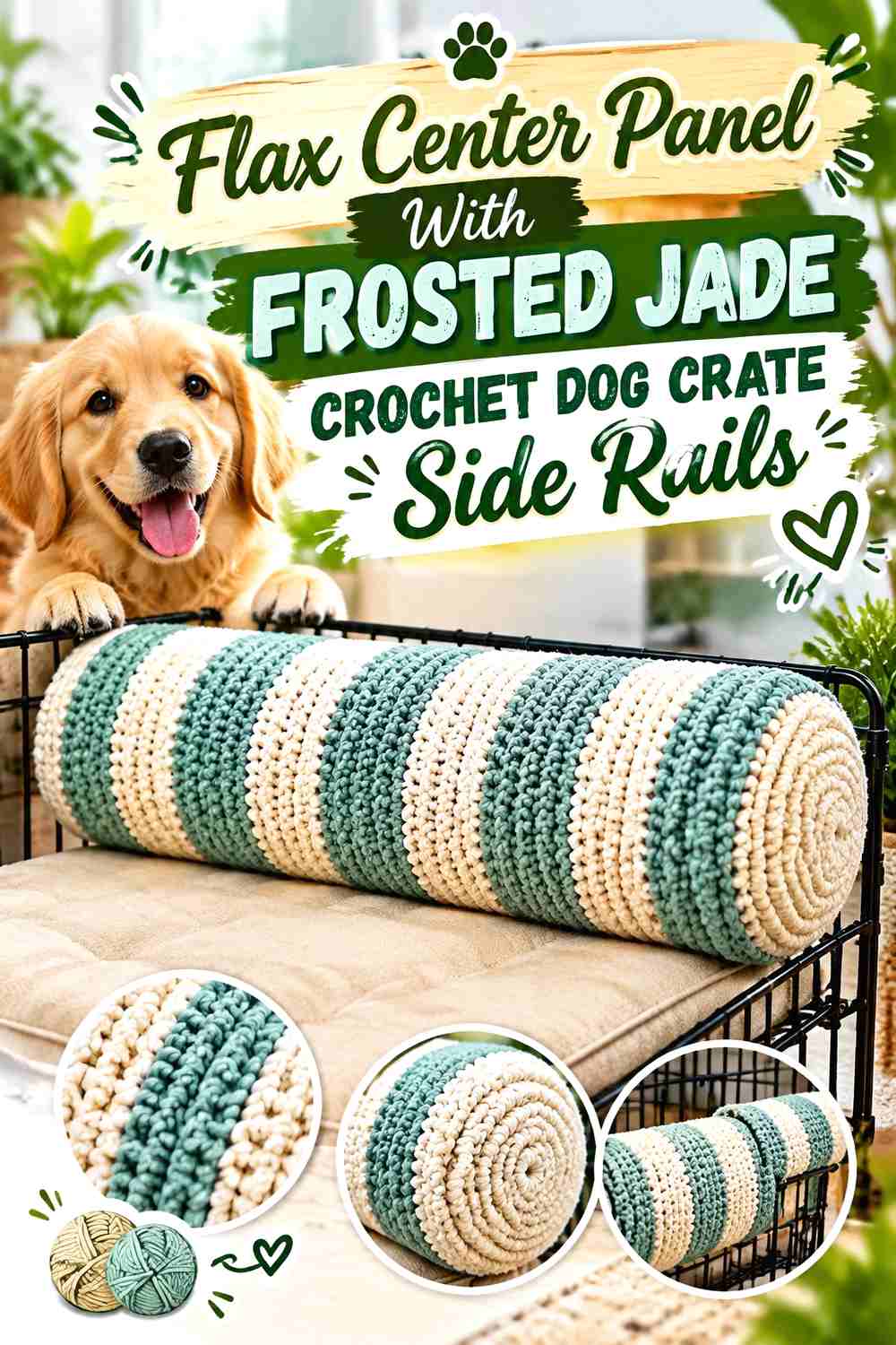 Flax Center Panel With Frosted Jade Crochet Dog Crate Side Rails
