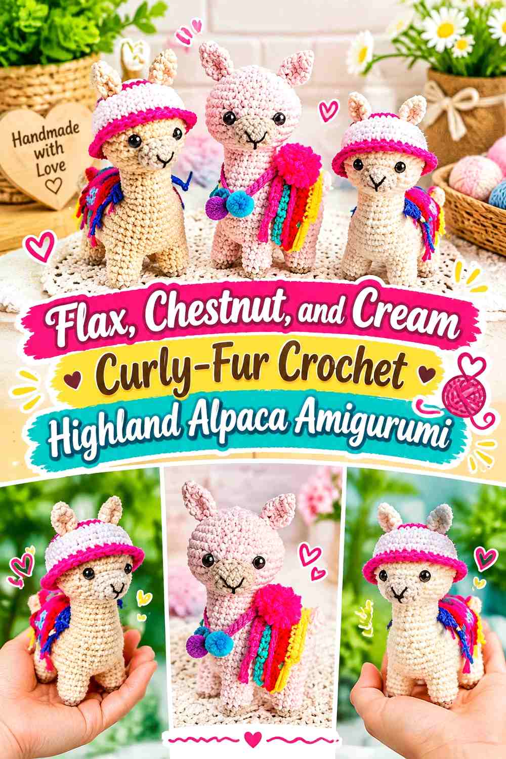 Flax, Chestnut, and Cream Curly-Fur Crochet Highland Alpaca Amigurumi
