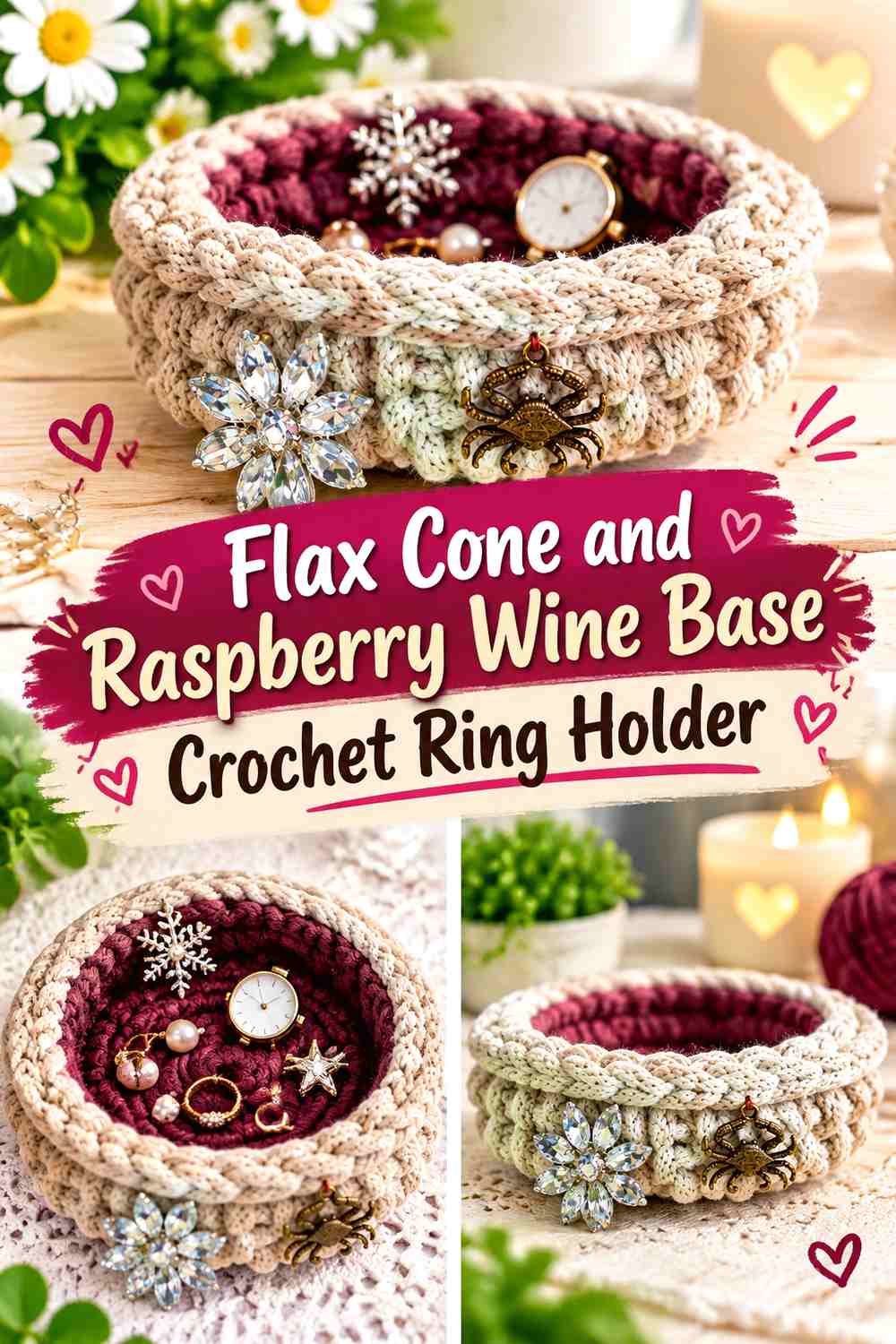 2. Flax Cone And Raspberry Wine Base Crochet Ring Holder