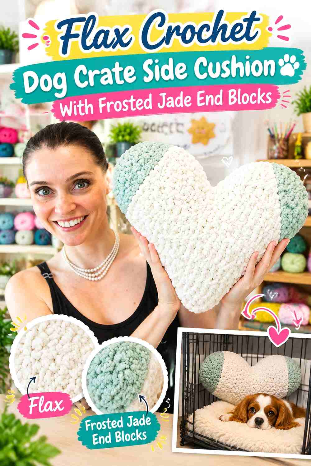 Flax Crochet Dog Crate Side Cushion With Frosted Jade End Blocks