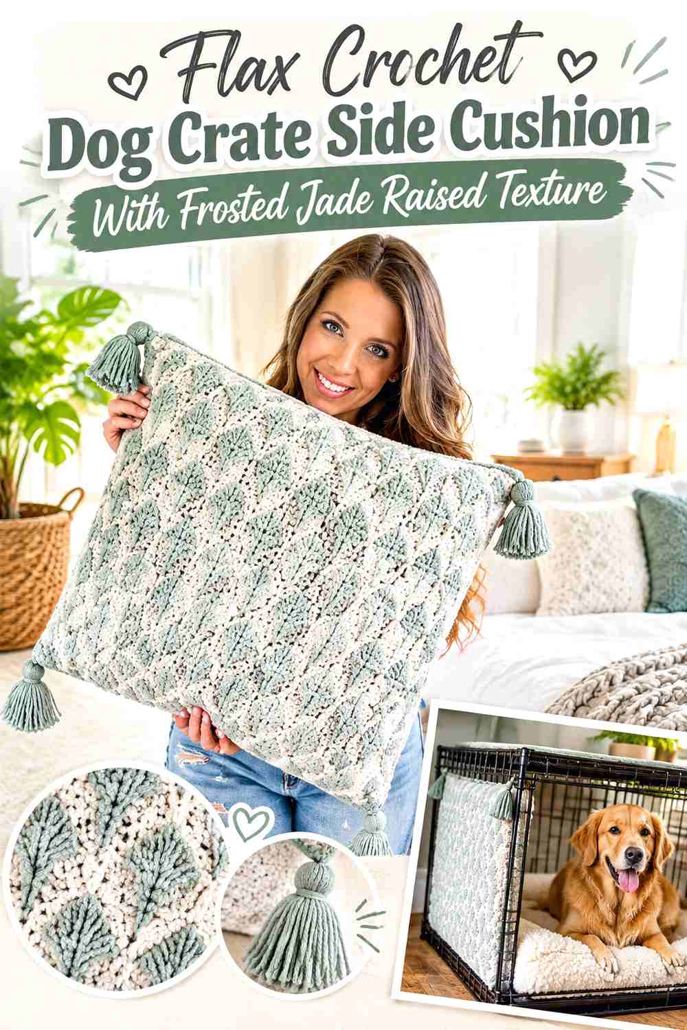 Flax Crochet Dog Crate Side Cushion With Frosted Jade Raised Texture