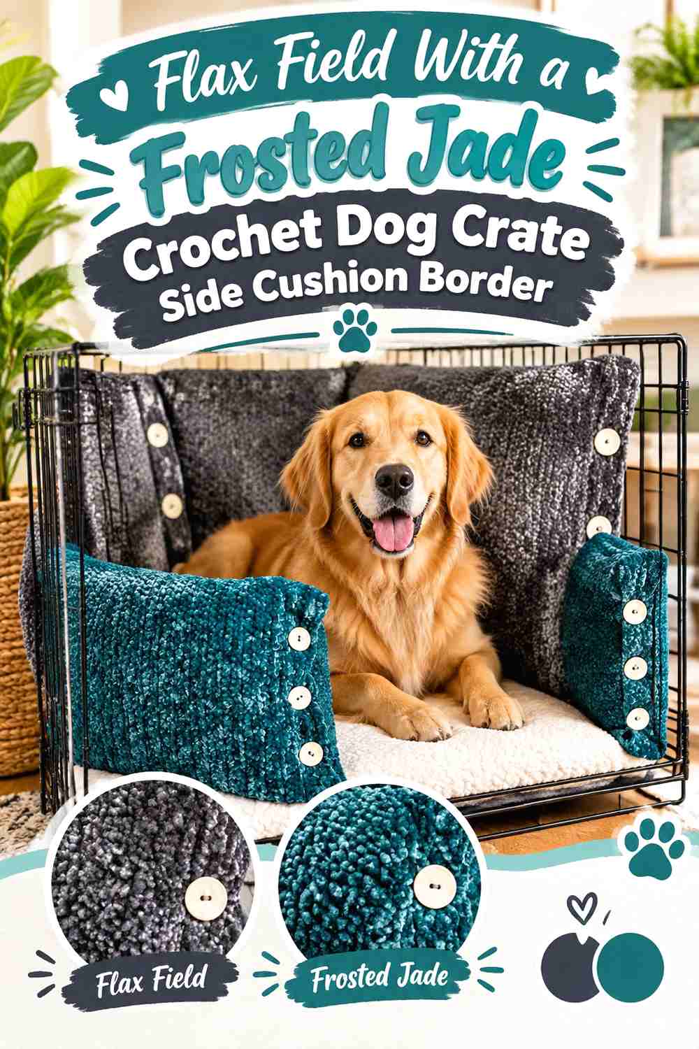Flax Field With a Frosted Jade Crochet Dog Crate Side Cushion Border