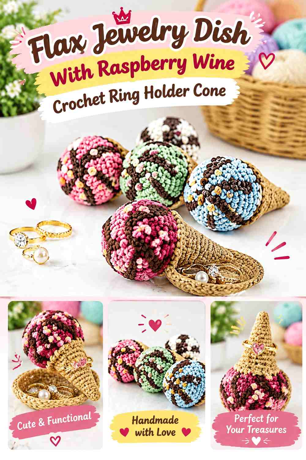 10. Flax Jewelry Dish With Raspberry Wine Crochet Ring Holder Cone