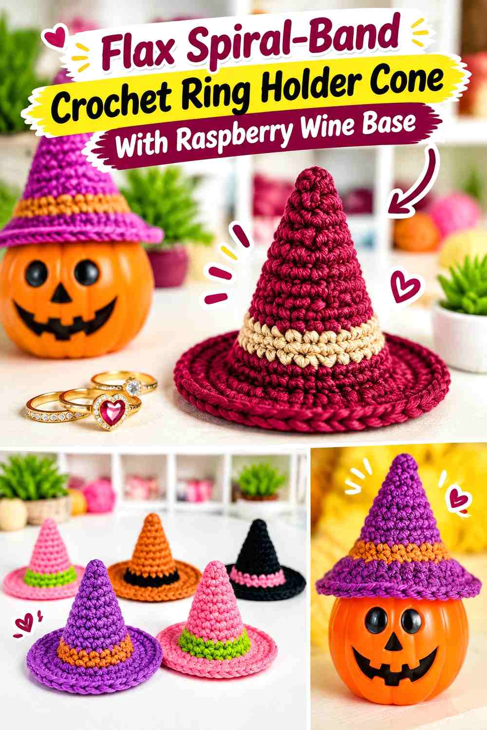 7. Flax Spiral Band Crochet Ring Holder Cone With Raspberry Wine Base