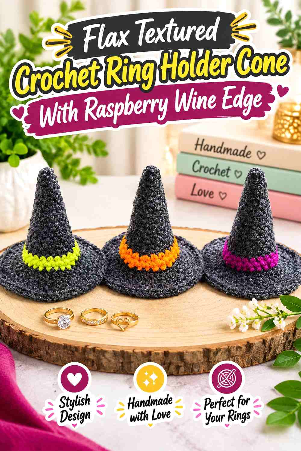 9. Flax Textured Crochet Ring Holder Cone With Raspberry Wine Edge