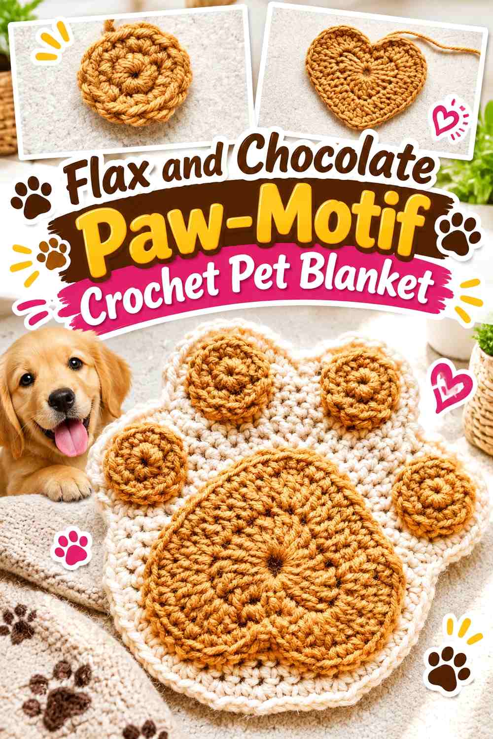 Flax and Chocolate Paw-Motif Crochet Pet Blanket