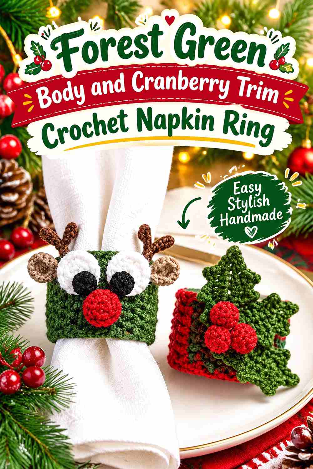 10. Forest Green Body And Cranberry Trim Crochet Napkin Ring