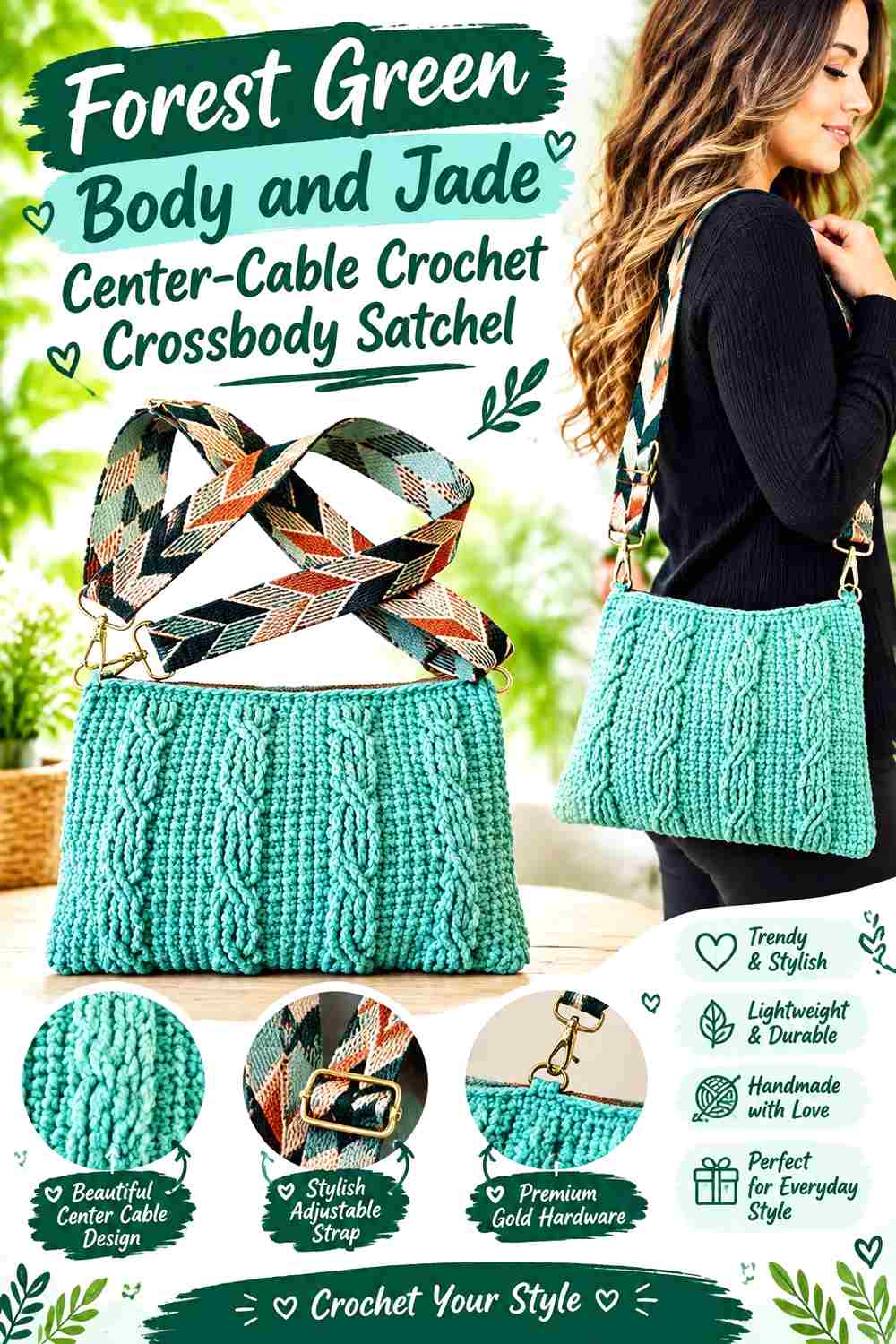 1. Forest Green Body And Jade Center Cable Crochet Crossbody Satchel
