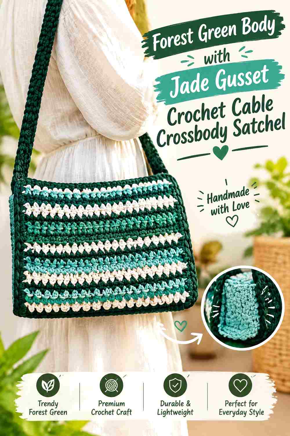 5. Forest Green Body With Jade Gusset Crochet Cable Crossbody Satchel