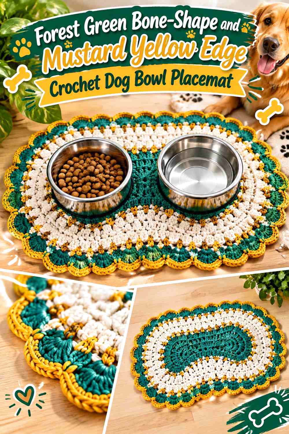 Forest Green Bone-Shape and Mustard Yellow Edge Crochet Dog Bowl Placemat