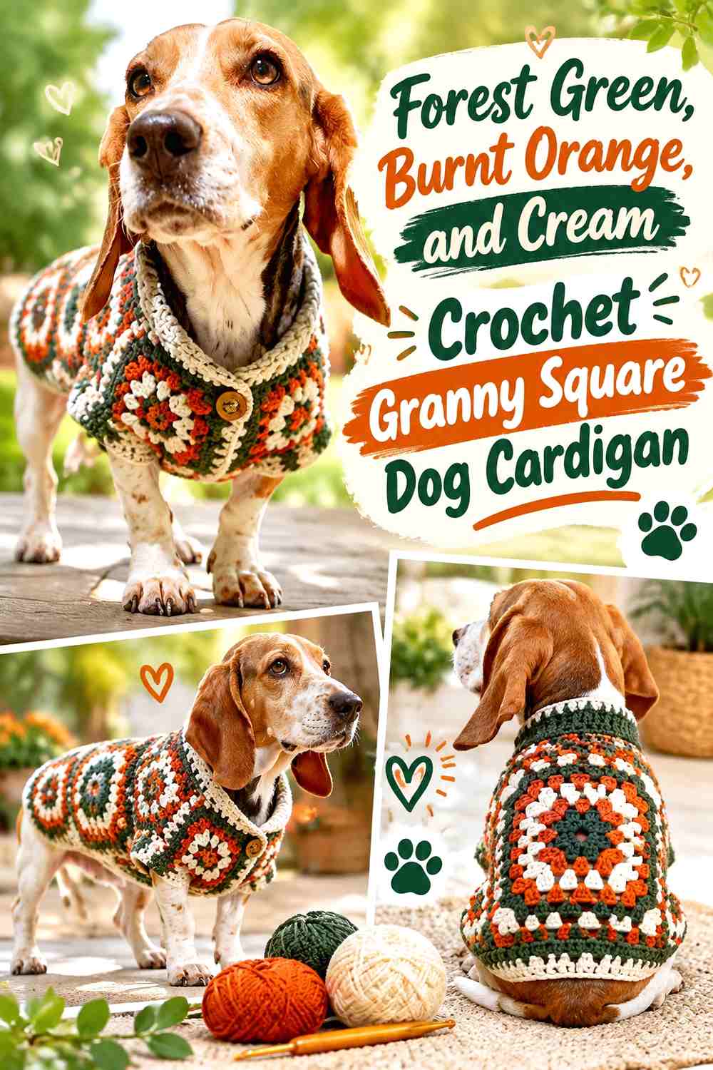 Forest Green, Burnt Orange, and Cream Crochet Granny Square Dog Cardigan