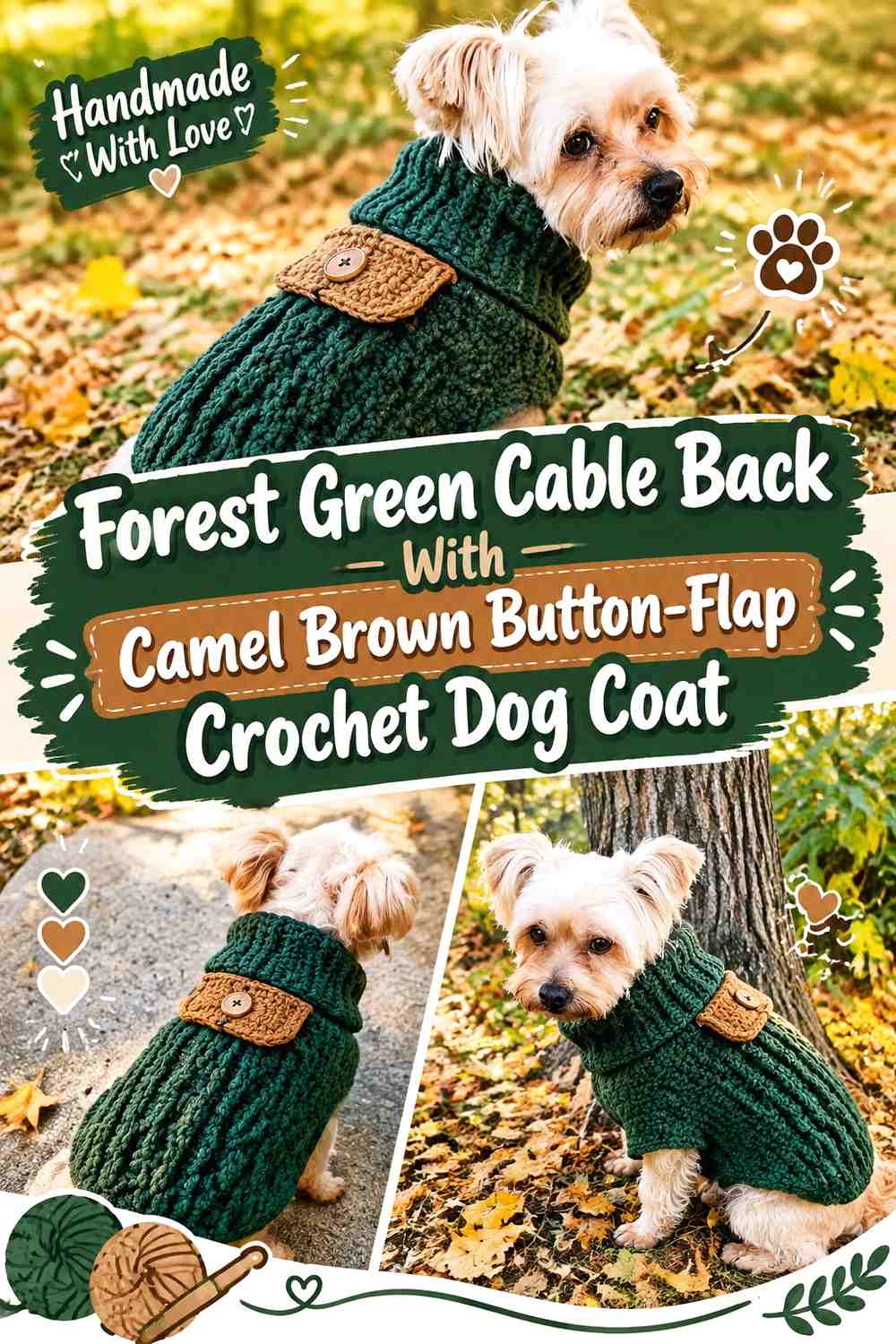 Forest Green Cable Back With Camel Brown Button-Flap Crochet Dog Coat