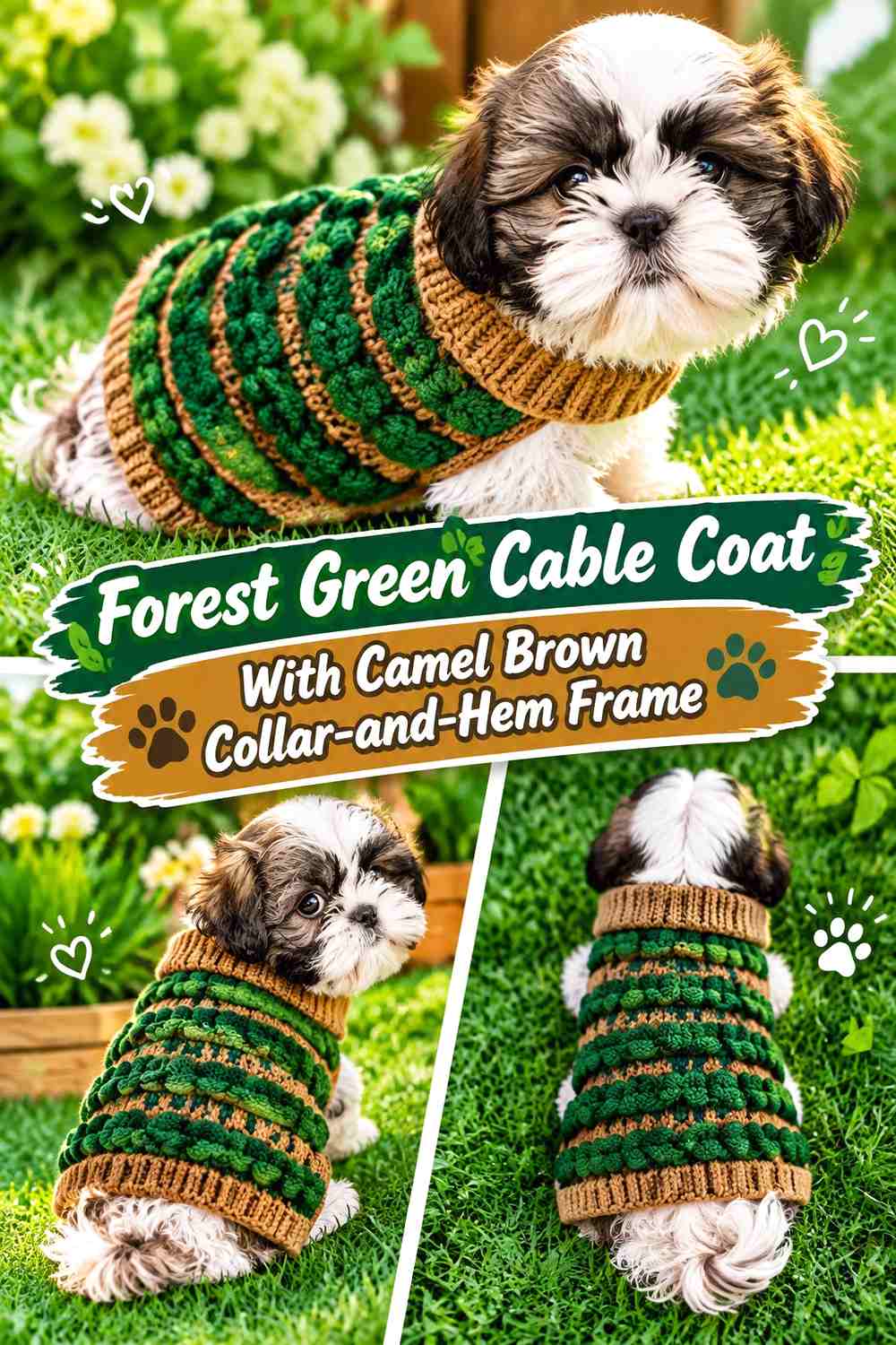 Forest Green Cable Coat With Camel Brown Collar-and-Hem Frame