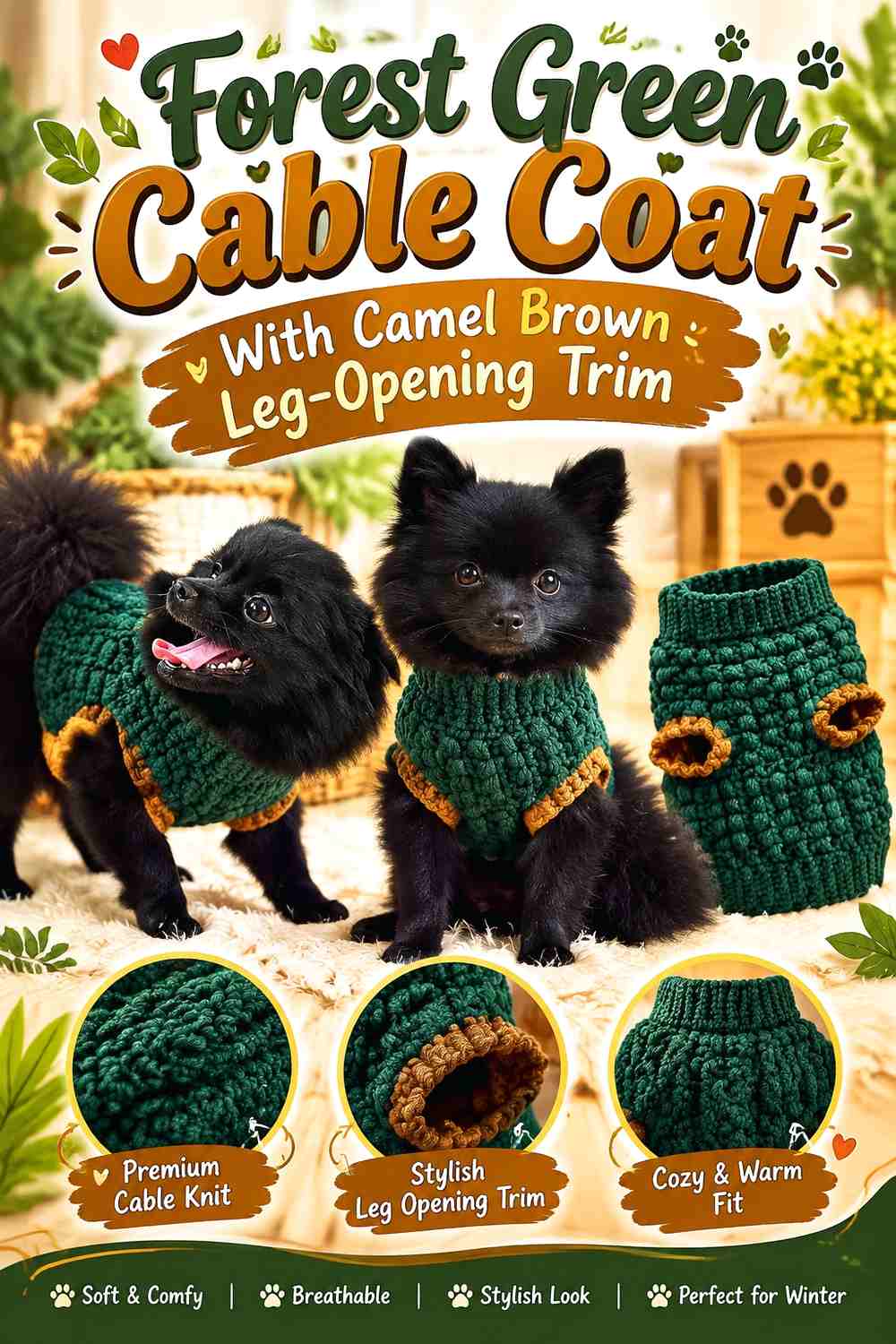 Forest Green Cable Coat With Camel Brown Leg-Opening Trim