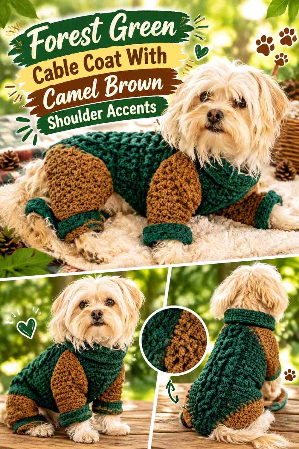 Forest Green Cable Coat With Camel Brown Shoulder Accents